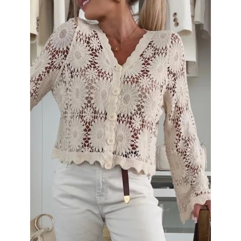 Good Luck Gem Crochet Cardigan Sweater Small Cream Daisy Knit Button Front